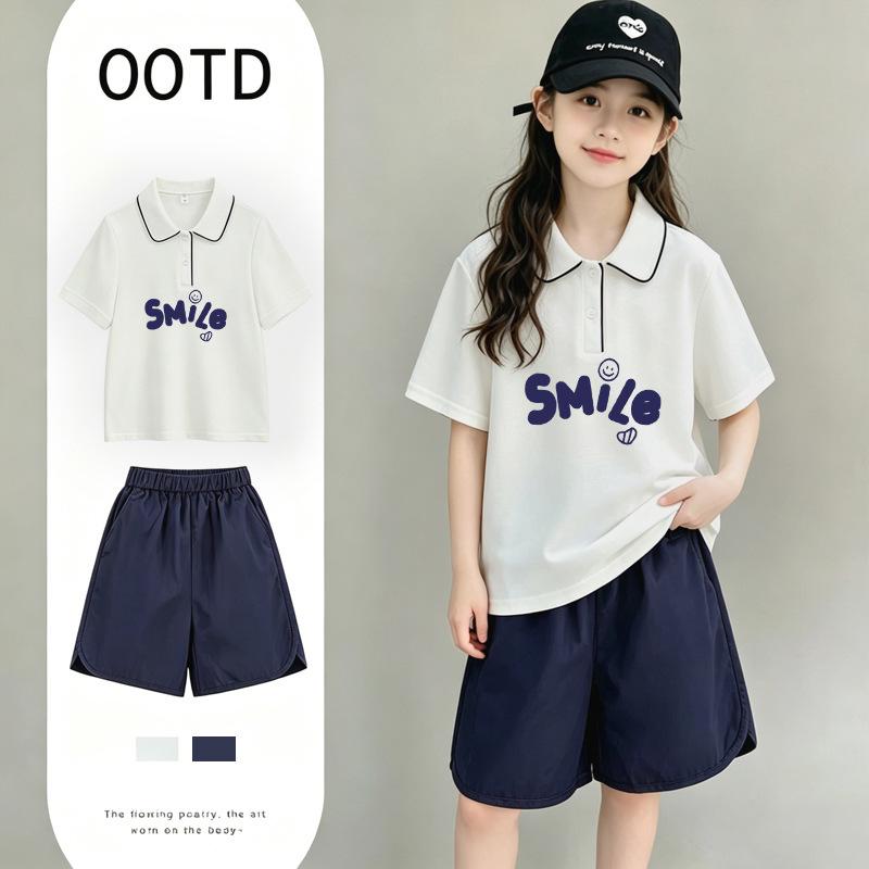 Korean Style Girls' Cotton Polo Shirt Set - Summer Lapel Short Sleeve T-Shirt for Ages 6-12