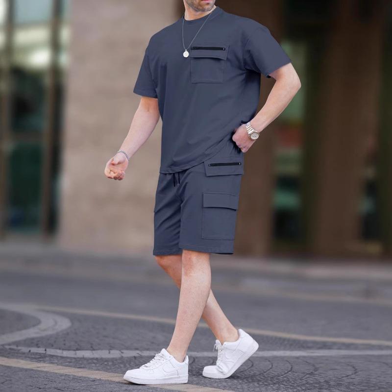 Men Solid Color 2 Piece Outfit Short Sleeve T-Shirt And Cargo Shorts Set With Zipper Pockets