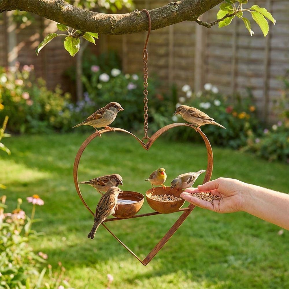 Double Bowl Hanging Bird Feeder Iron Art Bird Feeding Station Heart Shape Bird Feeder  Outdoor Use