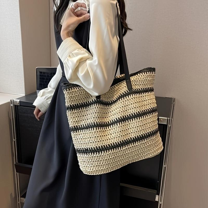 1pcs Bohemian Striped Woven Tote Bag Retro Straw Handbag Large Capacity Fashionable Shoulder Bag Travel Beach Bag