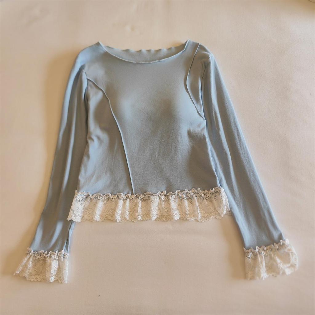 Women's Lace-Trim Pajama Set with Chest Pads - Long Sleeve & Pants, Sweet Influencer Style, Cotton Homewear for All Seasons