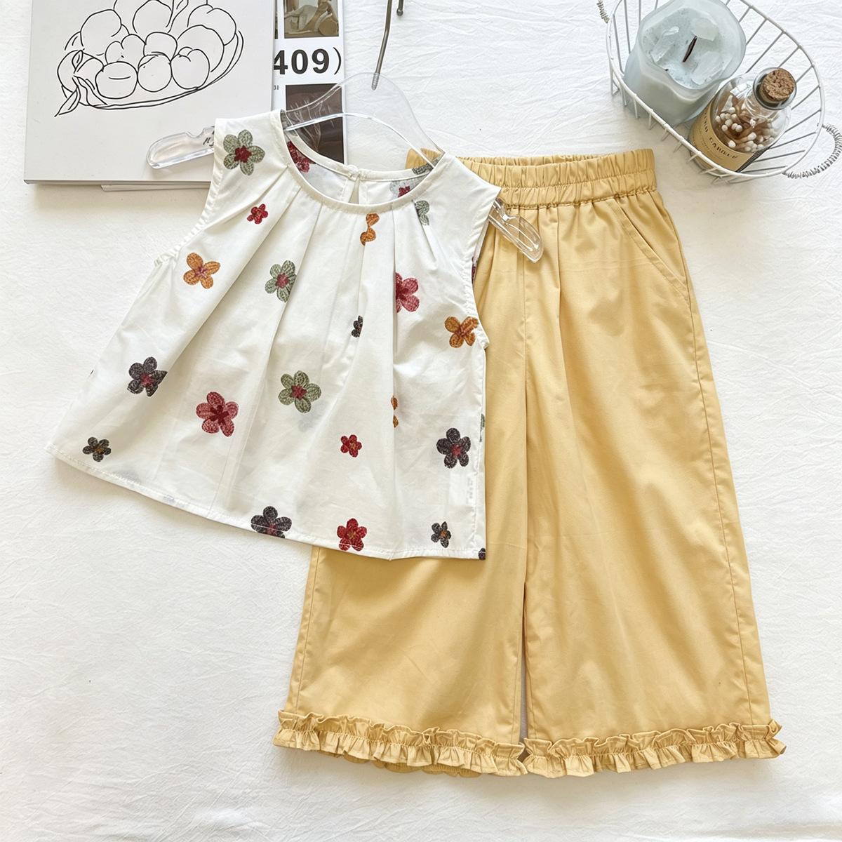 Girls Summer Floral Embroidered Bow Sleeveless Peplum Top With Ruffle Wide Leg Pants Trendy 2 Piece Outfit Set 90cm