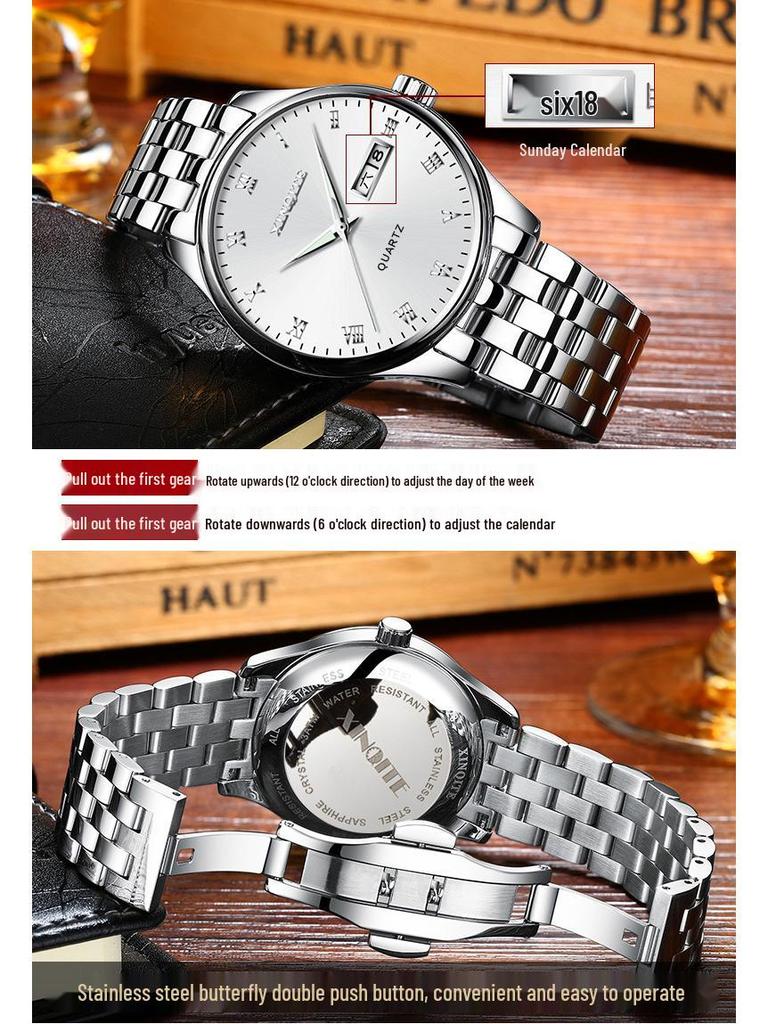 Men's Minimalist Roman Dial Waterproof Stainless Steel Wristwatch with Date, Day, and Luminous Features for All Ages.