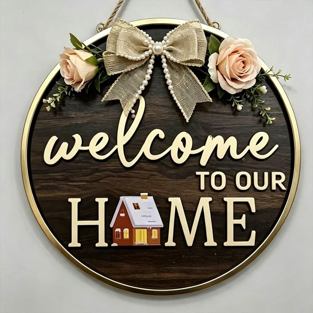 Floral Pattern Wooden Door Sign 2D Flat Hanging Wooden Board Round Doorplate Holiday Decorating