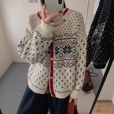 Retro Lazy Knitted Cardigan for Women's Autumn and Winter New Soft Waxy Christmas Contrasting Color Crew Neck Sweater Jacket for Women