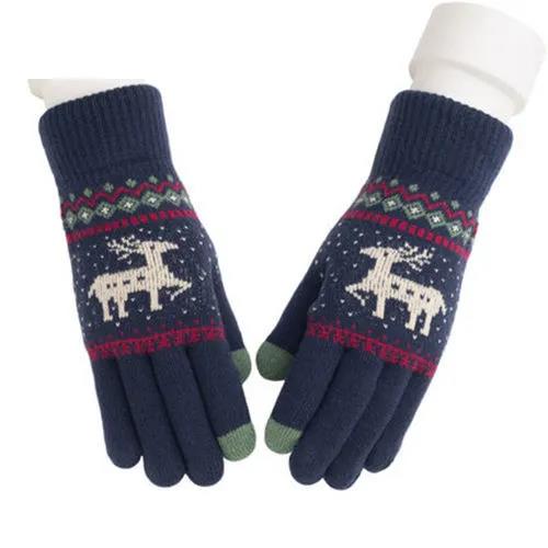 Thickened Plus Velvet Touch Screen Gloves Female Winter Korean Version Knitted Printing Gloves Split Finger Wool Gloves