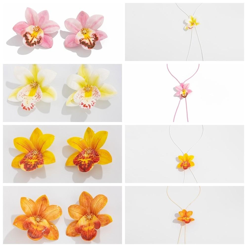 Orchid Flower Necklace Cloth Simulation Flower Earrings Personality Clavicle Chain  Ladies