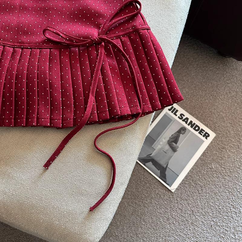 Women's Polka Dot A-Line Pleated Skirt with Bow Tie - Petite Christmas Red