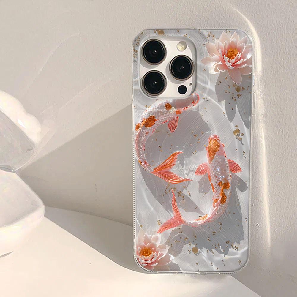 Golden Carp Lotus Flower Phone Case For iPhone 11 12 13 14 15 16 Pro Max XS XR X 7 8 Plus Silicone Soft Cover