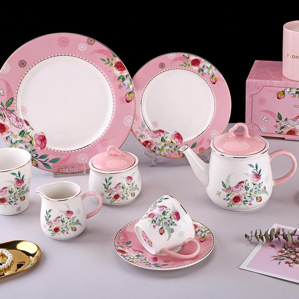 Farorui Shi Korean Afternoon Tea Set: Mug, Coffee Cup, Western Dinner Plate, Teapot, Sugar & Creamer, Small Bird Design.