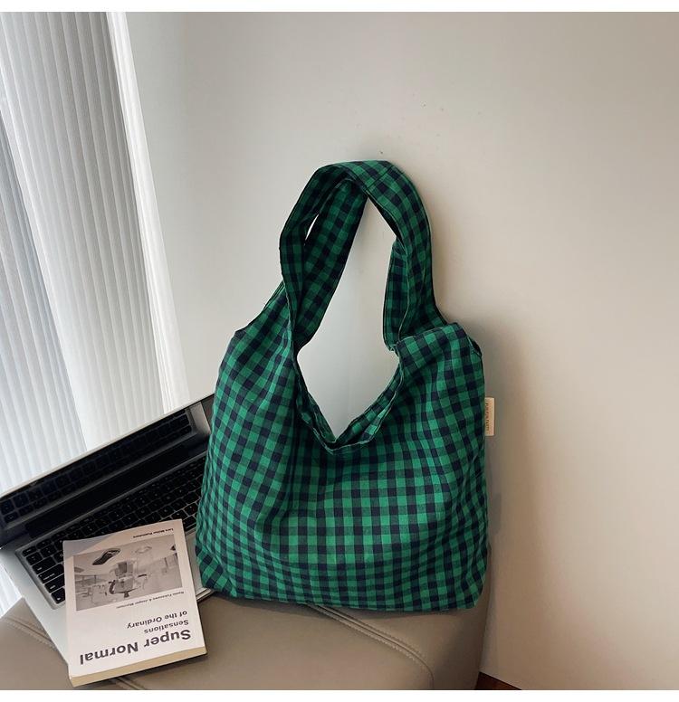 Plaid Canvas Bag Women's Large-capacity New Summer Versatile Shoulder Shopping Bag College Student Tote Bag
