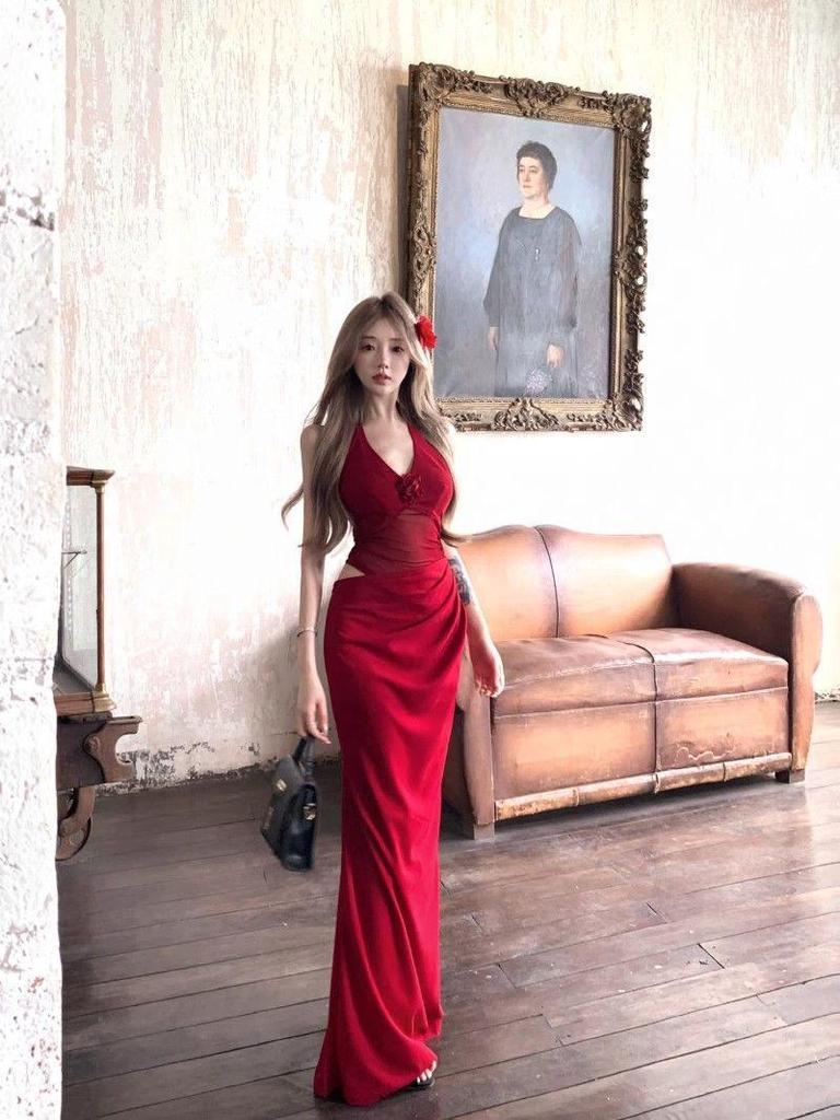 2026 Summer Stylish Waist-Cinched Mesh Halter Neck Long Dress for Women
