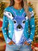 2025 Women's Vintage Reindeer Print Long Sleeve, Christmas Party Crew Neck, Holiday Gift Top, Fall Winter Festive Style