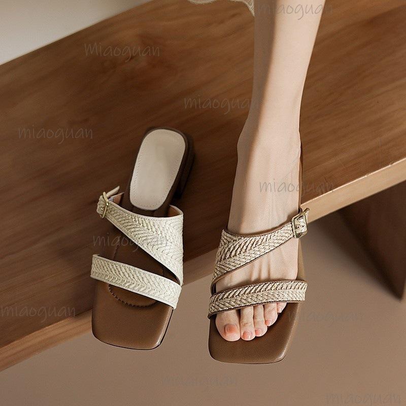 Fashion French Style Women Soft Sole Square Toe Slippers Low Heel Slip on Summer Outwear Shoes Fashion Ladies Beach Sandals Size35 40