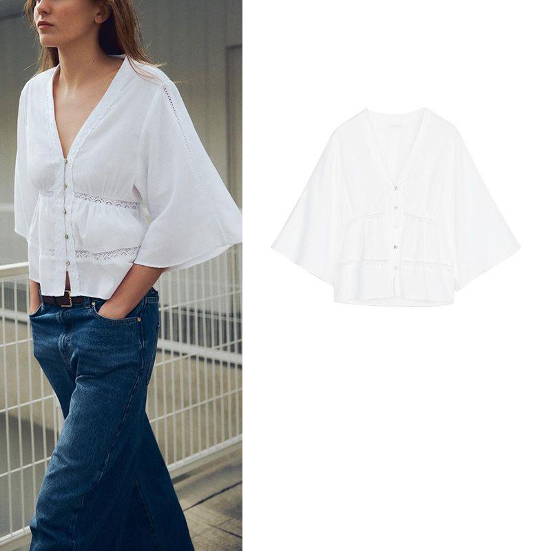 Summer New Style White Flared Sleeve Cardigan French Loose Vertical Lace V-neck Shirt 8372037