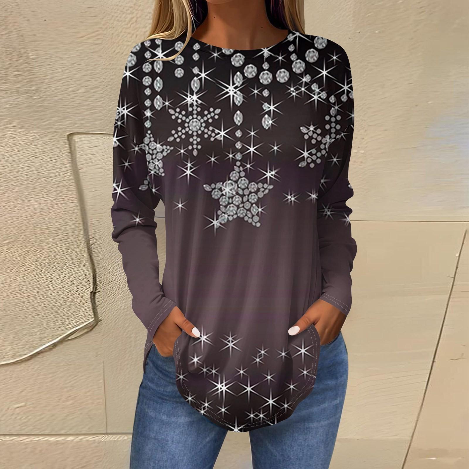 

Футболки для женщин, осенние повседневные рубашки с длинными рукавами, толстовка с ретро-принтом, топ для рождественской вечеринки, пуловер XXXL