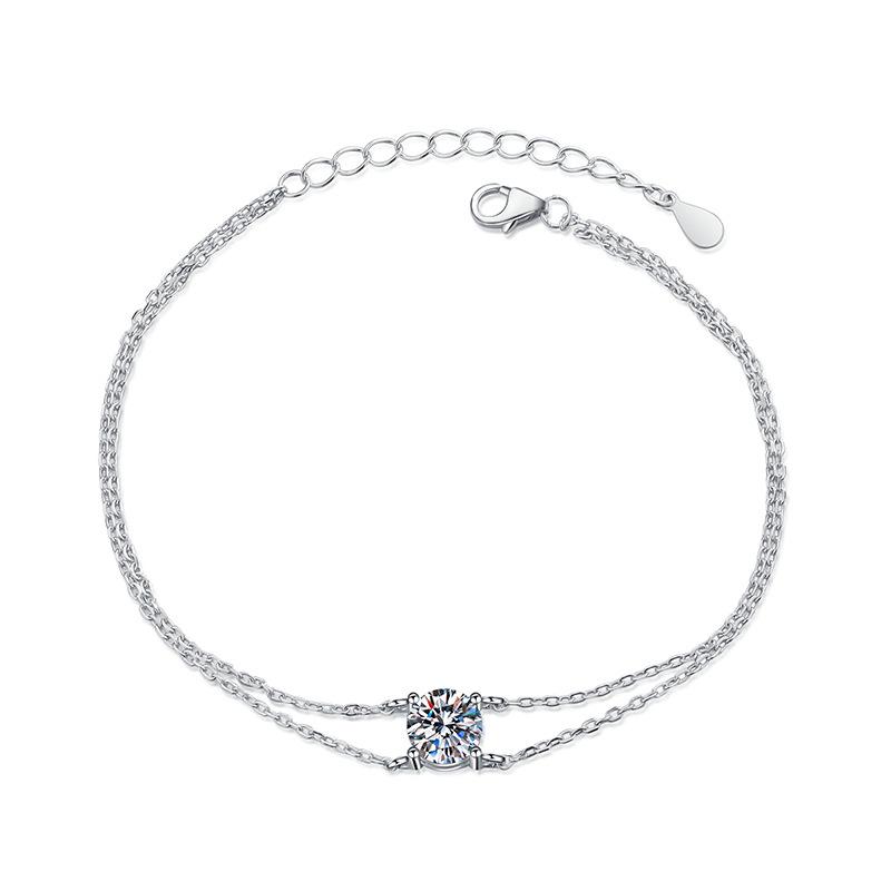 Women's Double-Layer Light Luxury Moissanite Bracelet In S925 Sterling Silver, Featuring a Four-Prong 1-Carat Moissanite Stone.