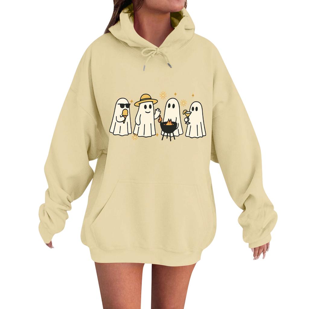 Women's Casual Fashion Comfortable Round Neck With Hood Long Sleeve Halloween Print Warm Sweatshirt