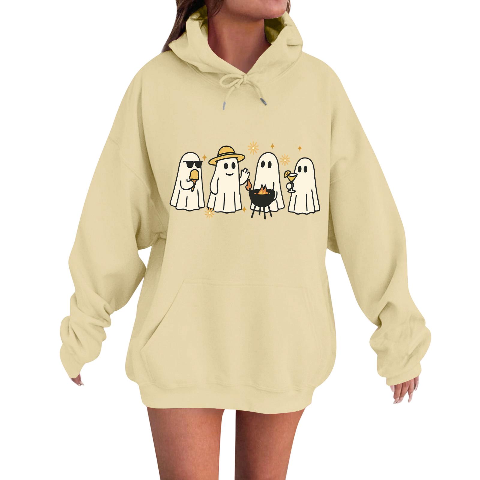 

Женская повседневная модная удобная толстовка с круглым вырезом, капюшоном и длинными рукавами с принтом на Хэллоуин, теплая L