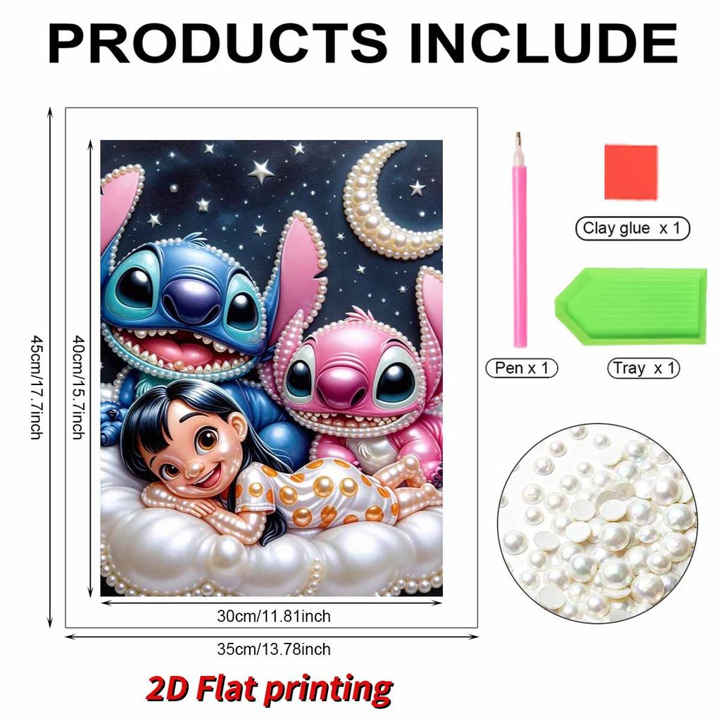 Starry Cloud Lilo, Stitch & Angel New Pearl-Inlaid Frameless Art | Handmade Pearl Craft, Starry Moon Cloud Theme, for Cute Dopamine Decor