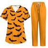 Damen Kostüm Set mit kurzen Ärmeln, Halloween-Print und Taschen - 2-teiliges Oberteil und Hose für Rollenspiele