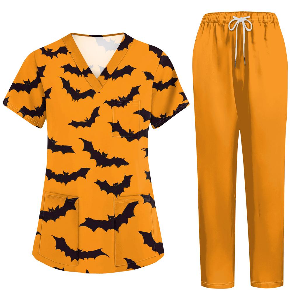 Damen Kostüm Set mit kurzen Ärmeln, Halloween-Print und Taschen - 2-teiliges Oberteil und Hose für Rollenspiele