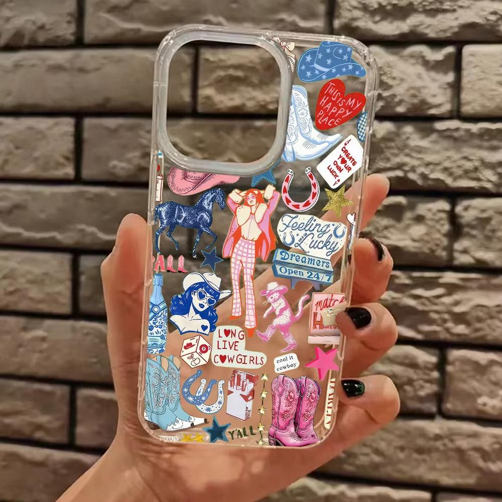 Cowgirl Und Western Sticker Collage Klare Handyhülle Für iPhone 11 12 13 14 15 16 17 Pro Max Plus XS X XR Silikon Weiche Hülle