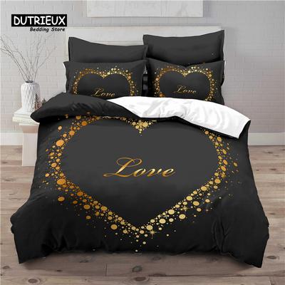 Housse de couette et taie d'oreiller confortables pour la maison avec impression de cœur doré 3D Ensemble de literie pour enfant Tailles Queen et King EU/US/AU/UK