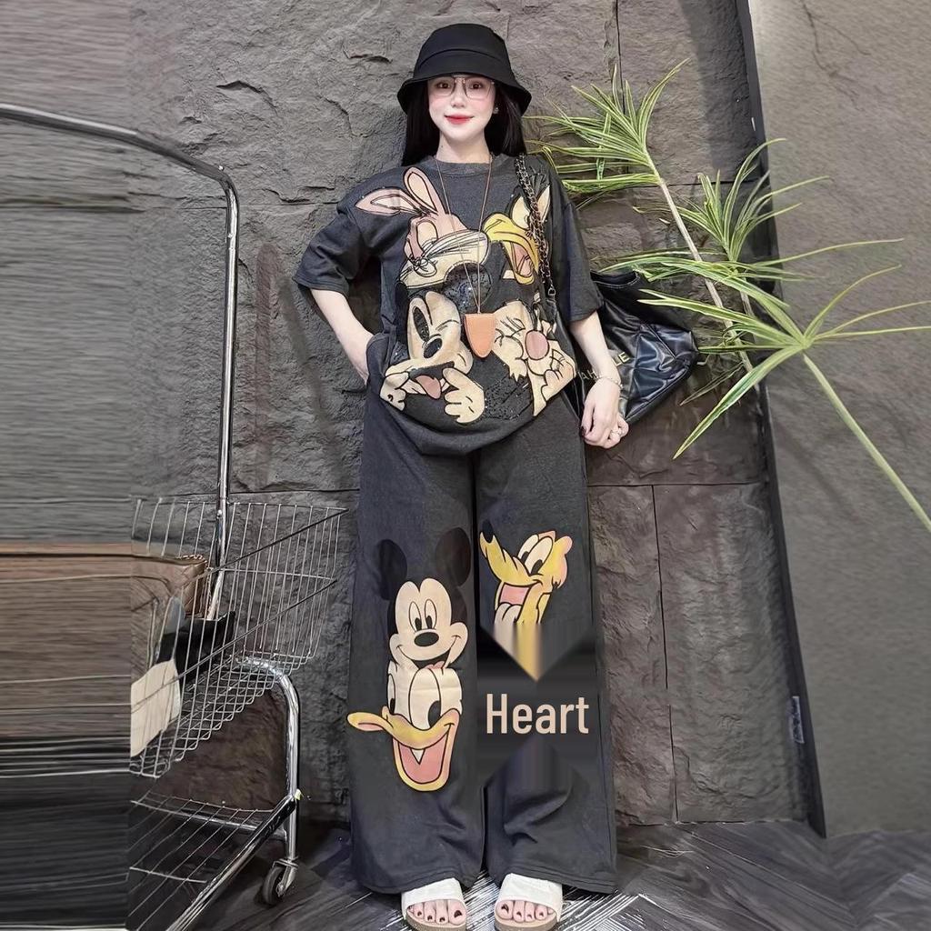 Southeast Asian Women's Cartoon Print Short Sleeve Top & Wide-Leg Pants, Casual Plus Size Summer Two-Piece Set