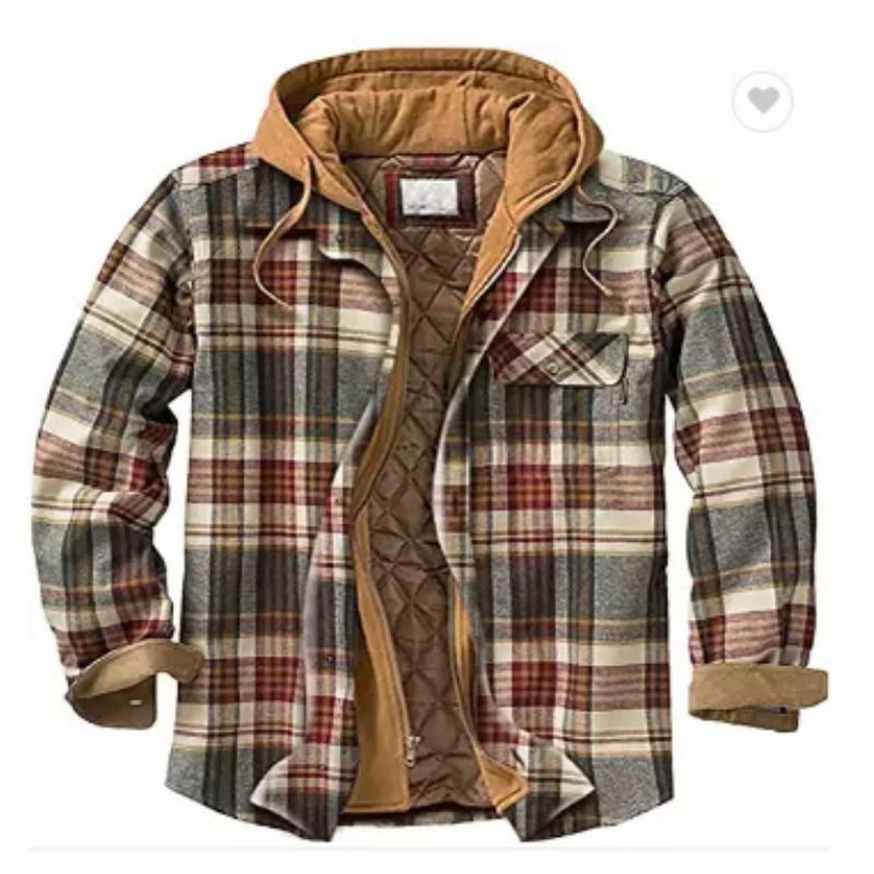 Men's Clothing European and American Autumn and Winter Thickened Cotton-padded Plaid Long-sleeved Loose Hooded Jacket