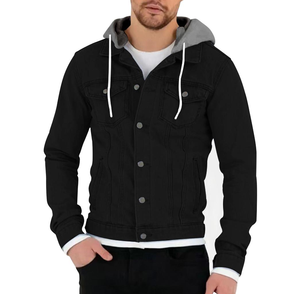 Men's Solid Color Outdoor Workwear Casual Loose Long-Sleeved Hooded Denim Jacket