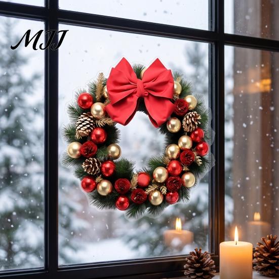 Reusable Holiday Wall Decor Christmas Wreath Decal, Door Sticker with Red Bow, Baubles & Pinecones, Self Adhesive Pine Cones Removable Art for