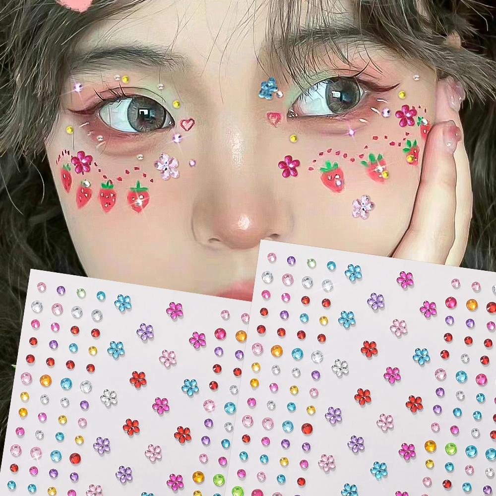 3D Colorful Star Flower Face Diamond Sticker Bling Rhinestone Self-Adhesive Fake Tattoo for Party Stage Makeup Gems Stickers