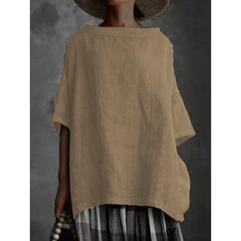 European & American 2026 Summer Arrival: Solid Color Woven Round Neck Cotton Linen Loose Women's T-shirt.