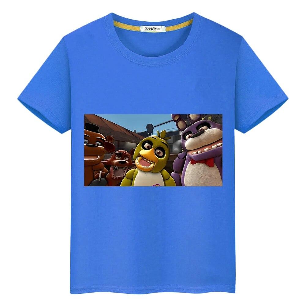 

Летняя футболка из 100% хлопка Bear Rabbit Game Kawaii, повседневные короткие футболки с аниме для мальчиков, топы с принтом FNAF, детская одежда для девочек y2k, цельный предмет 150 синий