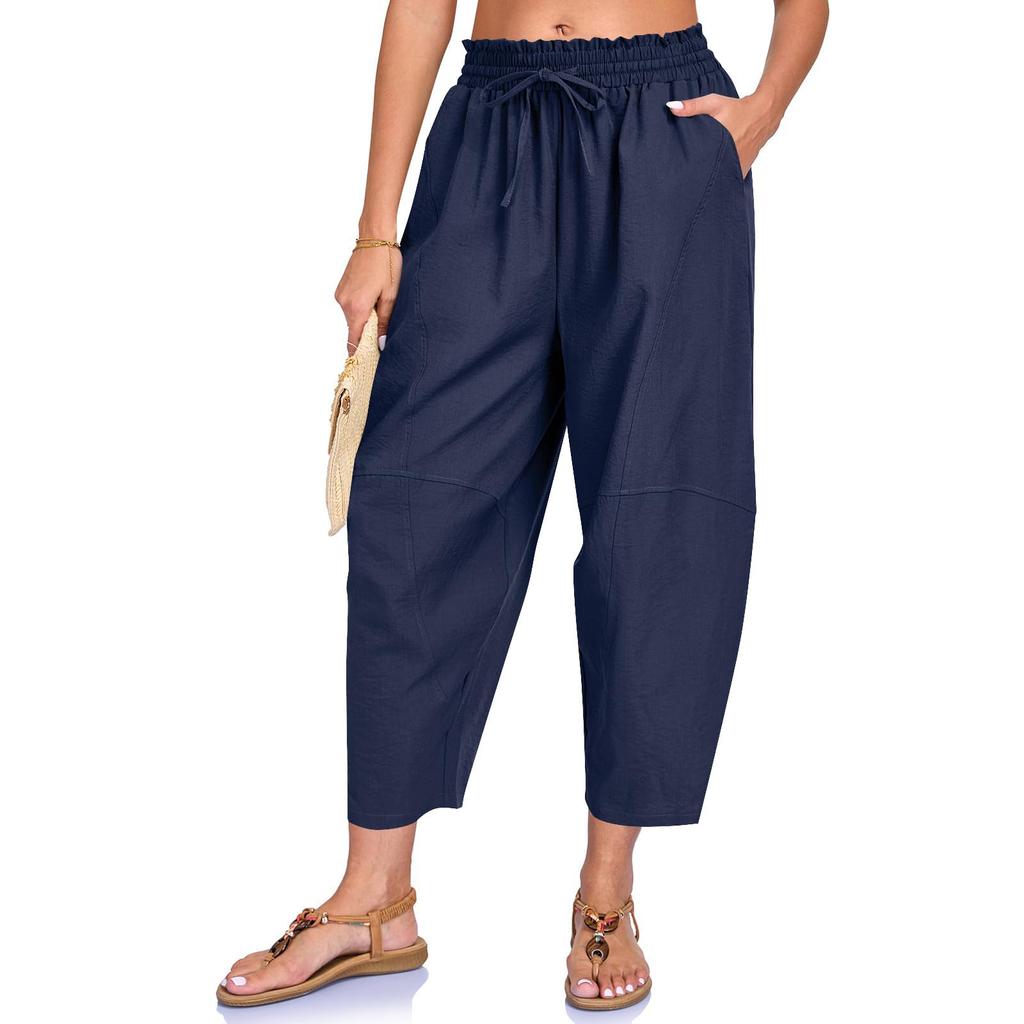 Women Loose Fit Casual Elastic Waist Drawstring Pants with Pockets Lightweight Relaxed Fit Trousers for Everyday Wear