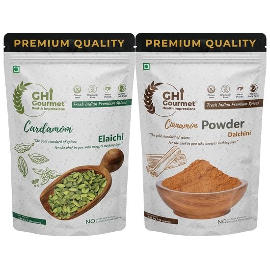 GOURMET HEALTH IMPRESSIONS Superior Grade Idduki Whole Green Cardamom (Elaichi) 8mm+ 50G | Cinnamon Powder (Dalchini) - 75G 125GM