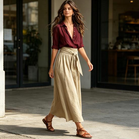 Damen 2-teiliges Maxiröck-Set Langarm-Hemd mit Knöpfen und Rock mit hoher Taille Passende Outfits Sommerurlaub Lounge-Sets