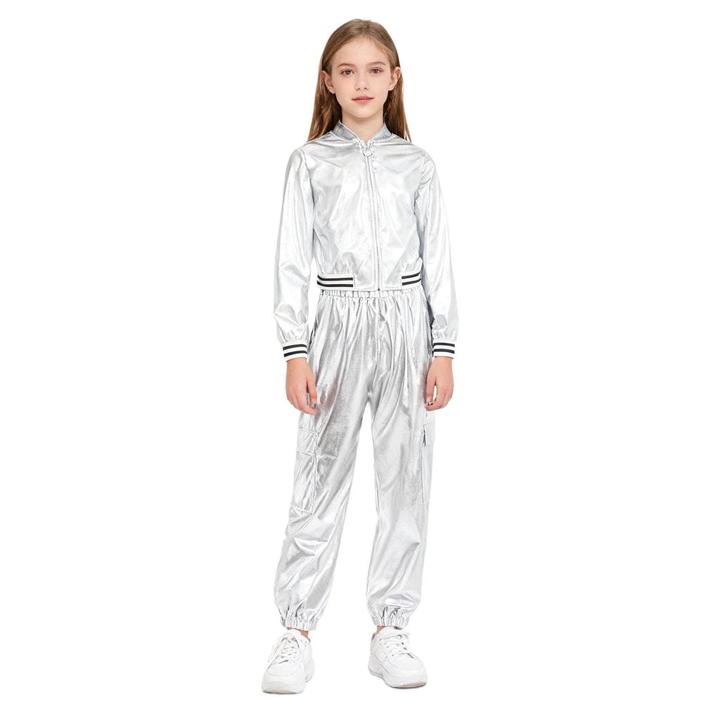 Mädchen Metallic Tanzjacken Set Langarm Stehkragen Reißverschluss Detail Hip Hop Jazz Performance Hose