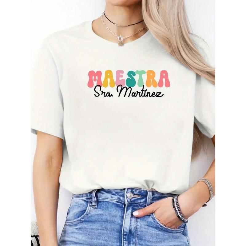 

Женская повседневная футболка с коротким рукавом и ярким испанским принтом из букв - Свободный крой, круглый вырез, весенне-летний топ, можно стирать в машине S белый