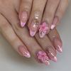 3D Pink Flower Pearlescent Almond False Nails, Short French Peach Pink Wearable Nail Tips
