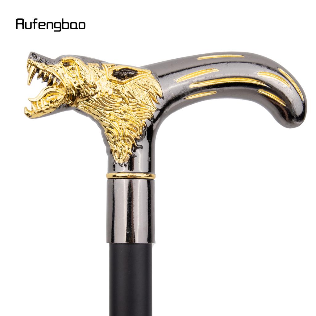 Golden Black Wolf Head Biting Walking Cane Fashion Decorative Walking Stick Gentleman Elegant Cosplay Cane Knob Crosier 92cm