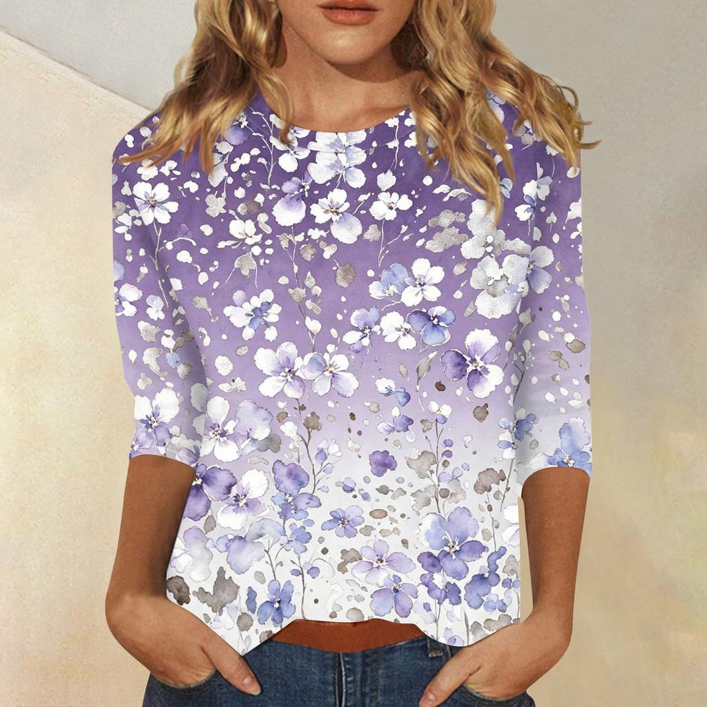 Women's Casual Floral Print Three Quarter Sleeve Crew Neck Top Lightweight Comfortable Fit Soft Fabric