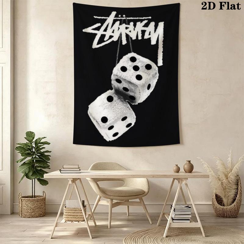 Teal Skull Pattern Tapestry, Vintage Street Brand Text Logo Collage Wall Hanging Aesthetic Decor