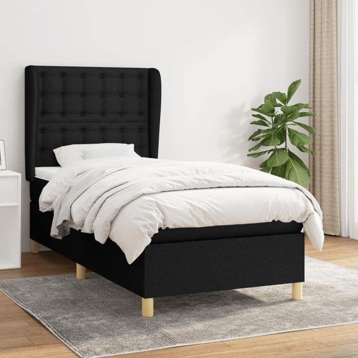 3128815 vidaXL Lit à sommier tapissier avec matelas Noir 90x200 cm Tissu