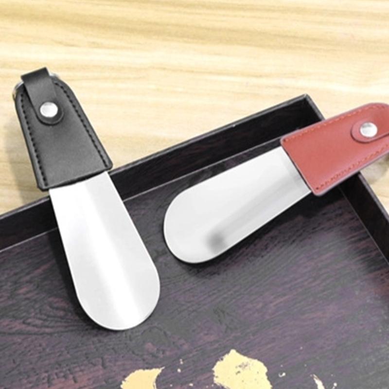 Stainless Steel Shoe Horn With Leather Strap and Keychain Compact Portable Design For Travel Kids Elderly Footwear Aid