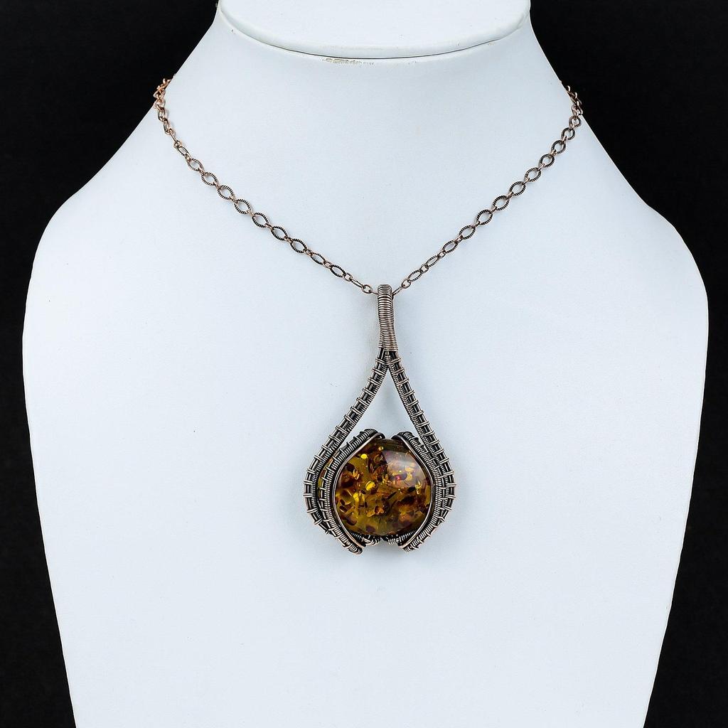 Unique Baltic Amber Gemstone Pure Copper Wire Wrapped Handmade Jewelry Pendant