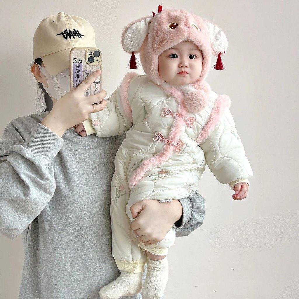 Super Cute Fleece-Lined Baby Winter Romper Jumpsuit with Cotton-Padded Jacket
