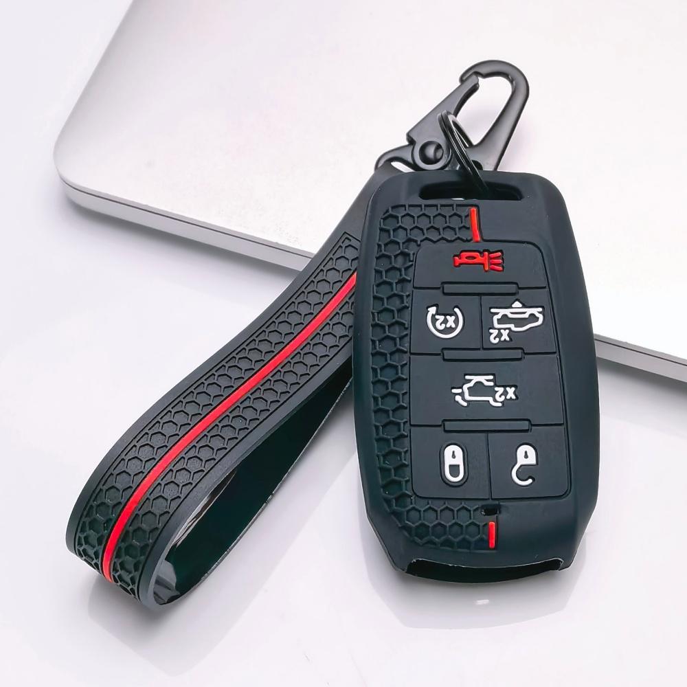 Silicone Key Fob Cover with keychain for Dodge Durango Challenger Charger Chrysler 300 for Jeep Grand Cherokee Grand Wagoneer Protective Case Fits 6