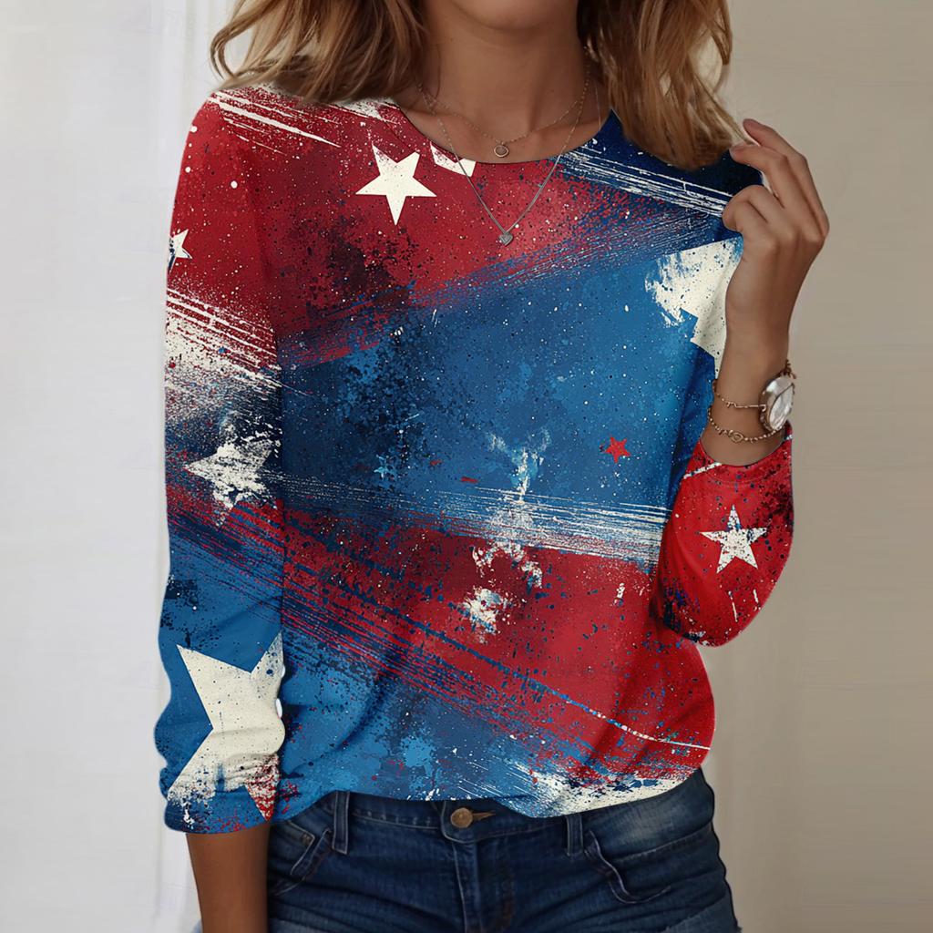 Women's Fashionable Casual Long-Sleeved Independence Day Print Neck Top